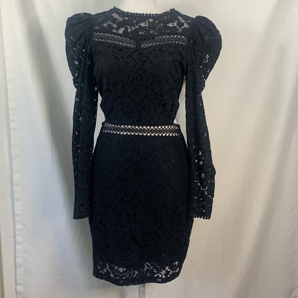 Express Black Lace Puff Sleeve Side Cutout Sheath Dress- NWT - Picture 3 of 16